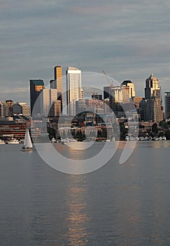Seattle buildings reflected in Lake Union at sunset