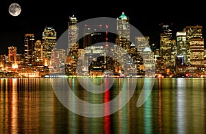 Seattle Business District At Night with Full Moon