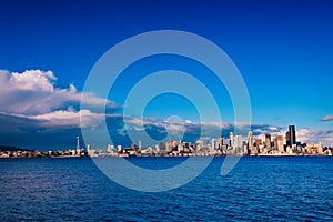 Seattle city downtown day skyline over Elliot bay