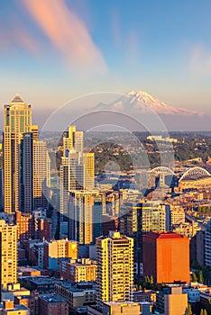 Seattle city downtown skyline cityscape in Washington State,  USA