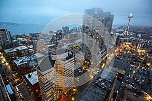 Seattle city skyline at dusk. Downtown Seattle cityscape