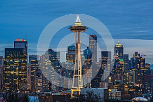 Seattle city skyline at dusk. Downtown Seattle cityscape