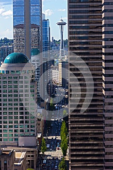 Seattle city skyscrapers with reflections on a sunny day.