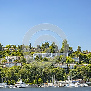 Seattle coastal houses and boats in Union Lake