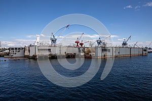 Seattle dock and ships during summer. View from Elliott Bay. Space Needle. Washington state.