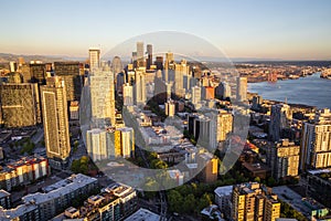 Seattle downtown panoramic skyline during summer sunset. View from Seattle needle.