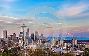 Seattle downtown skyline and Mt. Rainier at sunset. WA