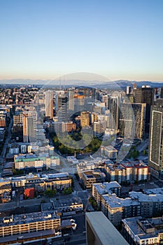 Seattle downtown skyline during summer sunset. View from Seattle needle.