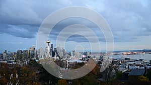 Seattle Downtown with Space Needle lit by evening light