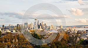 Seattle Downtown with Space Needle lit by evening light