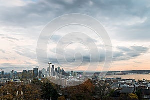 Seattle Downtown with Space Needle lit by evening light