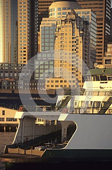 Seattle ferry, leaving waterfront at sunset