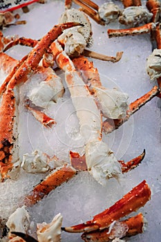 Seattle king crab legs on ice at a local fish market at Pike Place Market