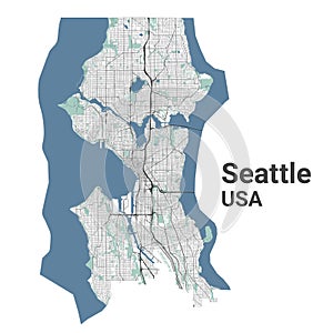 Seattle map, American city. Municipal administrative area map with rivers and roads, parks and railways