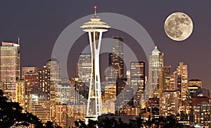 Seattle at night with moon