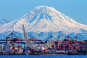 Seattle Port Red Cranes Mt Rainier Washington