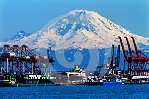 Seattle Port Red Cranes Mt Rainier Washington