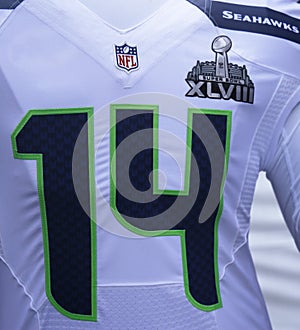 Seattle Seahawks team uniform with Super Bowl XLVIII logo presented during Super Bowl XLVIII week in Manhattan