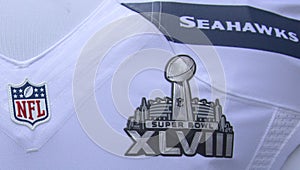 Seattle Seahawks team uniform with Super Bowl XLVIII logo presented during Super Bowl XLVIII week in Manhattan