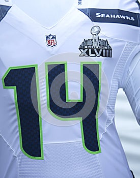 Seattle Seahawks team uniform with Super Bowl XLVIII logo presented during Super Bowl XLVIII week in Manhattan