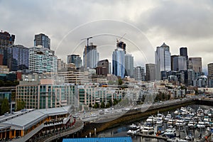 Seattle Skyline from the cruise port, cloudy sky, Washington State.