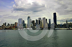 Seattle Skyline with docked ferry