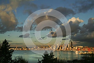 Seattle Skyline During a Dramatic Sunset and a Rain Squall Passing Through.