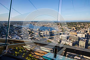 Seattle skyline with Lake Union during summer sunset. View from Seattle needle.