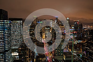 Seattle skyline office buildings at night
