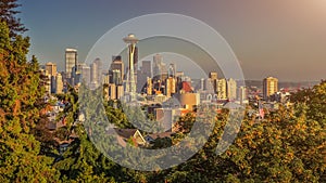 Seattle skyline panorama at sunset from Kerry Park, WA, USA