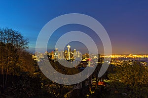 Seattle Skyline and Puget Sound Blue Hour in Washington state