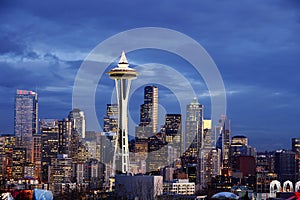 Seattle Skyline with Space Needle Tower at Dusk