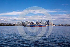 Seattle skyline during summer. View from Elliott Bay. Space Needle. Washington state