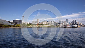 Seattle skyline during summer. View from Elliott Bay. Space Needle. Washington state. Black and white