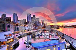 Seattle skyline and waterfront in sunrise