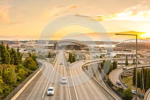 Seattle skylines and Interstate freeways converge with Elliott Bay and the waterfront background of in sunset time, Seattle, Washi photo