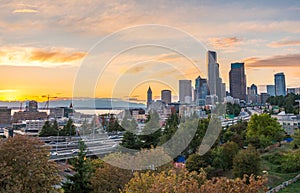 Seattle skylines and Interstate freeways converge with Elliott Bay and the waterfront background of in sunset time, Seattle, Washi