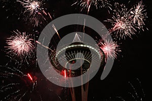 Seattle Space Needle With Fireworks In New Year Night