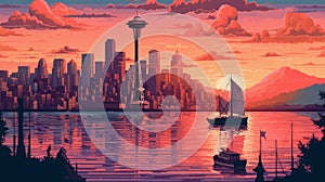 Seattle Sunset In 1770s: A Pixel Art Illustration