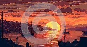 Seattle Sunset In 1810s: A Pixel Art Illustration