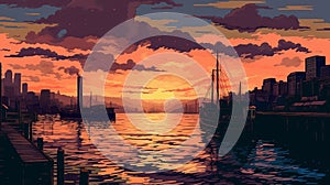 Seattle Sunset In 1870s: A Pixel Art Close-up
