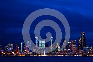 Seattle town night view downtown skyline over bay