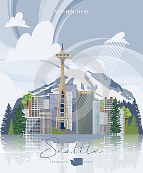 Seattle vector panorama. State Washington. American city
