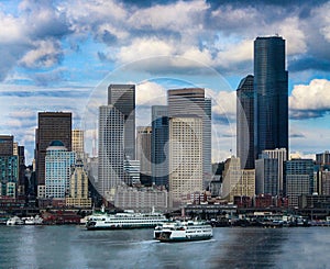 Seattle view skyline ferryboat skyscraper