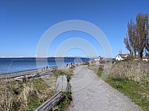 Seattle, WA USA - circa April 2021: Gorgeous view of the Olympic Mountain range on a cloudless day at Discovery Park