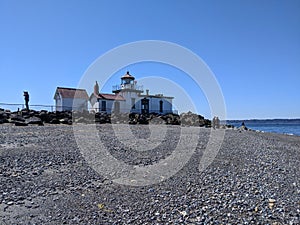 Seattle, WA USA - circa April 2021: Gorgeous view of the Olympic Mountain range on a cloudless day at Discovery Park