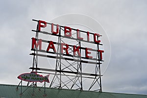 Close up of the Public Market sign in Pike Place on an overcast day