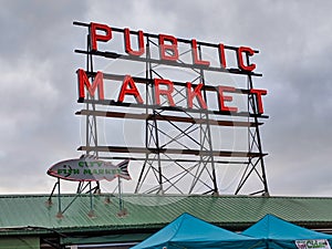 Close up of the Public Market sign in Pike Place on an overcast day