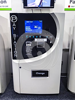 Front view of a parking pay station in the Washington State Convention Center parking
