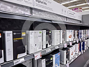 Seattle, WA USA - circa October 2022: Close up view of portable hard drives for sale inside a Staples retail store